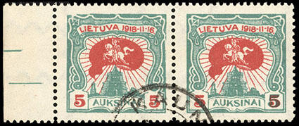 Lithuania, 1920, 5auk White Knight, right "5" doubled in green and ...