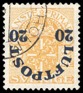 Sweden, 1920, 20ö on 2ö Airmail, inverted surcharge. Town cancel, ...