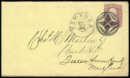 Fancy Geometric. Perfect strike (S-E GE-C 123) ties 1861 3¢ rose (65 ...