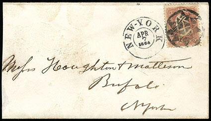 Fancy Geometric. Bold strike ties 1861 3¢ rose (65, creased) on ...