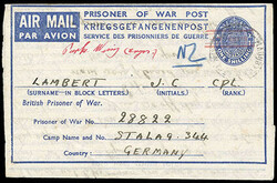 New Zealand, 1944, 6d on 1sh blue, P.O.W. Air Lettersheet, surcharge ...