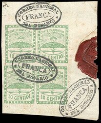 Argentina, 1858, Confederation, 10c green + 5c red. Each tied on ...