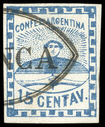 Argentina, 1858, Confederation, 15c blue. Four even margins with ...