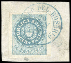 Argentina, 1862, Seal of the Republic, 15c blue. Four large balanced ...