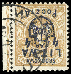 Central Lithuania, 1920, 4m on 30sk buff, inverted surcharge. Left ...