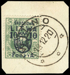 Central Lithuania, 1920, 10m on 50sk green, surcharge value error. ...