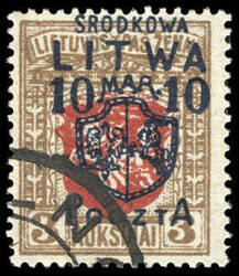 Central Lithuania, 1920, 10m on 3auk light brown & red. Neat town ...
