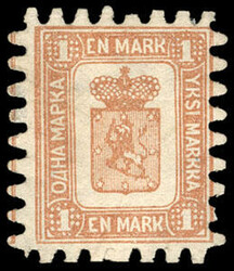 Finland, 1867, Finnish Coat of Arms, 1m yellow brown, roulette III. O ...