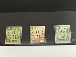 Romagna, 1859, 6b black on yellow green, 8b black on rose and 20b ...