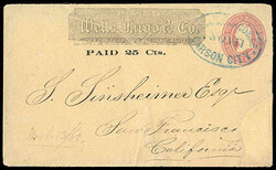 Wells, Fargo & Co., "Paid 25 Cts." Black printed frank and surcharge ...