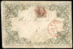 1847, 5¢ red brown. Clear to huge margins, tied by red square grid ...