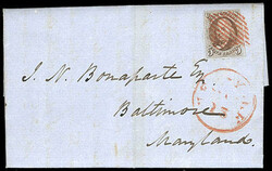 1847, 5¢ red brown. Mostly large margins, tied by neat red square ...