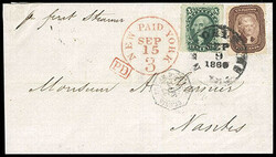 1859, 5¢ brown, type I. In combination with 1857, 10¢ green, type V ...