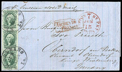 1859, 10¢ green, type V, vertical strip of three. Well centered amid ...