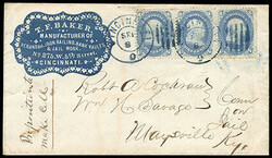 1861, 1¢ blue, horizontal strip of 3. Tied by blue "Cincinnati, O., ...