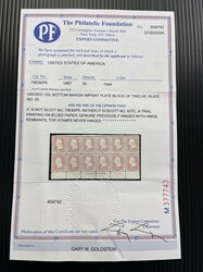 1861, 3c rose, trial printing on blued paper. Bottom margin plate ...