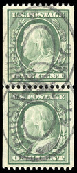 1908, 1¢ green, D.L. watermark, coil, perf. 12 horizontally. Pair, ...
