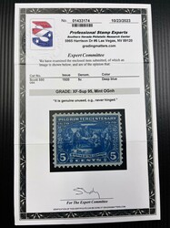 1920, 5¢ Pilgrim. O.g., never hinged, Extremely Fine to Superb, with ...