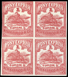 Wells Fargo & Co., 1861, $1 red. Block of 4, no gum, clear to ample ...