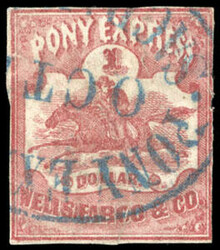 Wells Fargo & Co., 1861, $1 red. Blue Pony Express, Sacramento oval ...