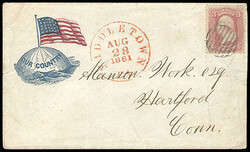 Flag and Globe design. With 3¢ Rose tied with circular grid cancel, ...