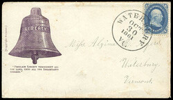 Liberty Bell. Design in purple with verse below, 1861, 1¢ Blue tied ...