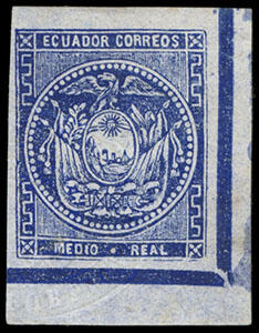Ecuador, 1865, ½r blue, embossed arms. Bottom right corner margin ...