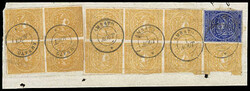 Ecuador, 1872, 1r ochre on quadrille paper, irregular block of 7 and ...