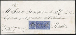 Ecuador, 1865, ½r blue, horizontal strip of three. Ample to large ...