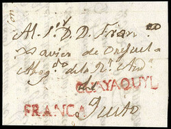Ecuador, Guayaquil. Bold straight line handstamp in red on folded ...