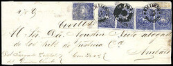Ecuador, 1865, ½r blue, two horizontal pairs and single. Fugitive ...