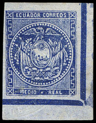 Ecuador, 1865, ½r blue, embossed arms. Bottom right corner margin ...