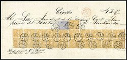 Ecuador, 1865, 1r bright yellow ochre, irregular block of 21. With ...