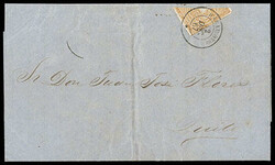 Ecuador, 1865, 1r orange buff, diagonal bisect. Lower right portion ...
