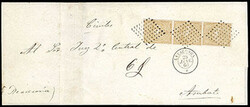 Ecuador, 1865, 1r brownish buff, vertical strip of three. Full well ...