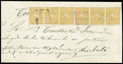 Ecuador, 1865, 1r yellow ochre, horizontal strip of six. Canceled by ...