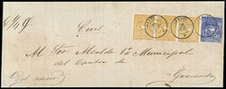 Ecuador, 1865, 1r orange yellow, horizontal strip of three. Clear to ...