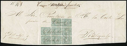 Ecuador, 1865, 1r green, irregular block of 8. Positions 46-47//64-66 ...
