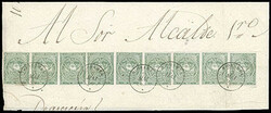 Ecuador, 1865, 1r green, horizontal strip of nine. Positions 19-27. ...