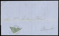 Ecuador, 1865, 1r green, diagonal bisect. Lower right portion of ...
