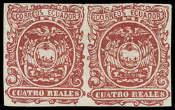Ecuador, 1866, 4r red. Horizontal pair with narrow and wide ovals ...