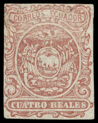 Ecuador, 1866, 4r red, printed on both sides. O.g., margins ample to ...