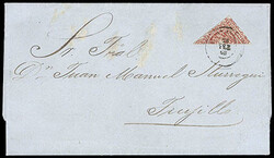 Ecuador, 1866, 4r red, diagonal bisect. Lower right portion of stamp, ...