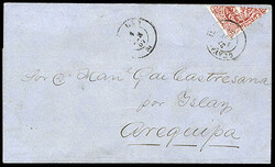 Ecuador, 1866, 4r red, diagonal bisect. Position 94 with narrow oval. ...