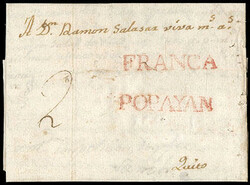 Ecuador, Popayan. Red straight line postmark on private folded letter ...