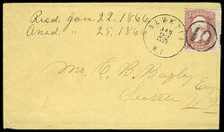 1861, 3¢ rose. Black double-circle datestamp with bold "10" in ...