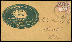 1852, 3¢ dull red, type I. Fancy embossed cameo corner card in green ...