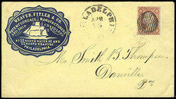 1857, 3¢ dull red, type III. Embossed blue cameo corner card with ...