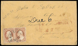 1852, 3¢ dull red, type I. Partial strike of red two-line boxed ...