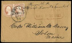 1852, 3¢ dull red, type I. Partial strike of red two-line boxed ...